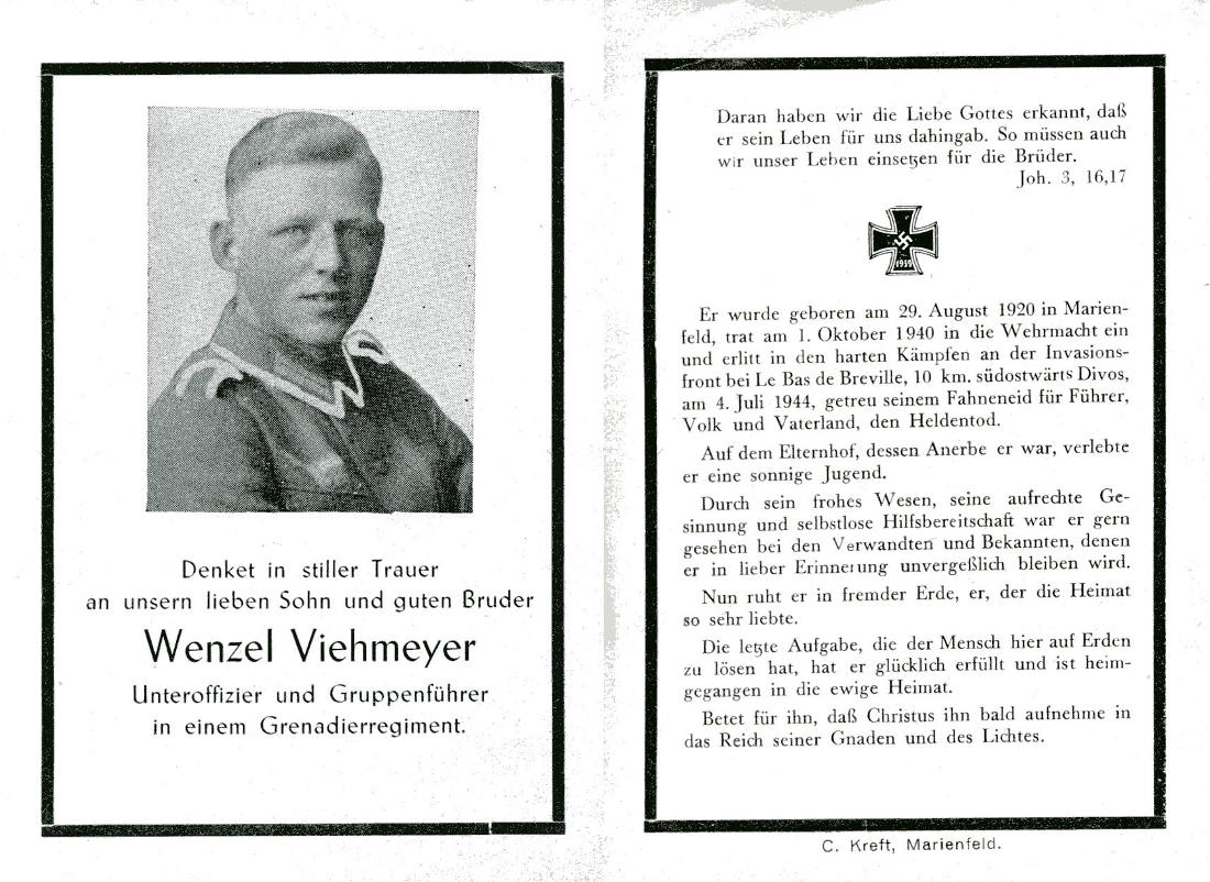 Totenzettel Wenzel Viehmeyer